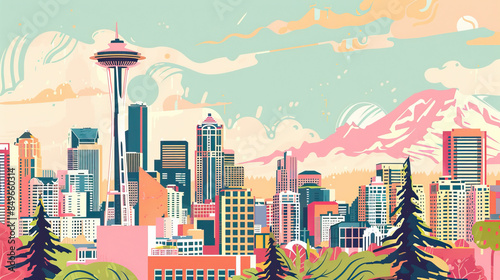 Risograph print travel poster, card, wallpaper or banner illustration, modern, clear and simple of Seattle, USA. Artistic, stylistic, screen printing, stencil, graphic design