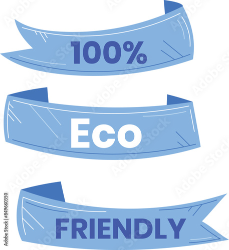 Three blue ribbons indicating commitment environmental conservation, ribbon labeled differently. Ribbons textured, slightly distressed look, conveying message sustainability. Bold white text blue