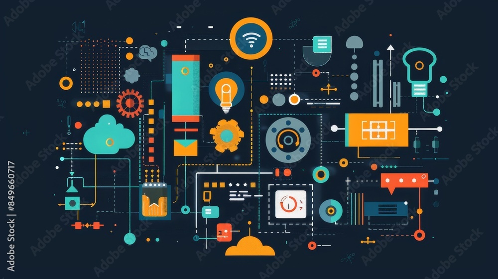A complex digital circuit diagram featuring various tech icons, gears, and connectivity elements on a dark background. Perfect for technology concepts. A complex digital circuit diagram featuring various tech icons, gears, and connectivity elements on a dark background. Perfect for technology concepts.