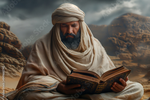 medieval sufi practitioner in the desert surrounded by islamic books  and Quran, realistic art. Generative AI photo