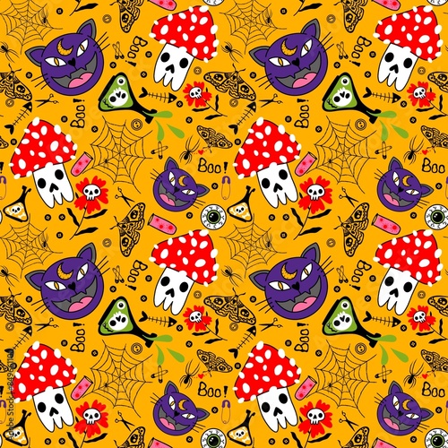 Halloween animals seamless cats and mushrooms pattern for wrapping paper
