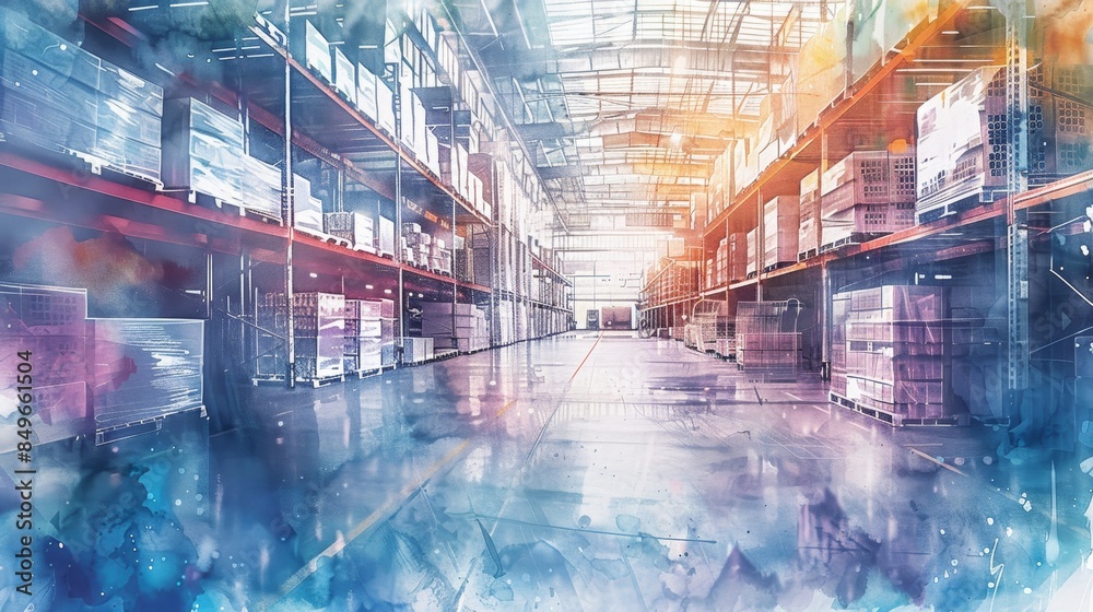 Fototapeta premium Abstract modern warehouse with tall shelves and colorful lighting, reflecting innovation in industrial storage solutions.