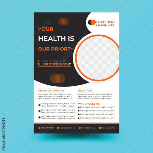 Corporate healthcare and medical flyer or poster design layout. Corporate healthcare and medical cove a4 flyer design template for print. Medical Flyer Layout with Circular Elements.
