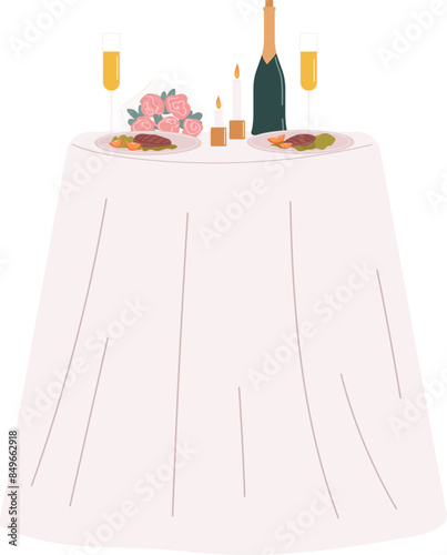 Romantic dinner table setup candlelit meal. Elegance dining roses champagne bottle flutes concept. Couple celebration vector illustration isolated white background
