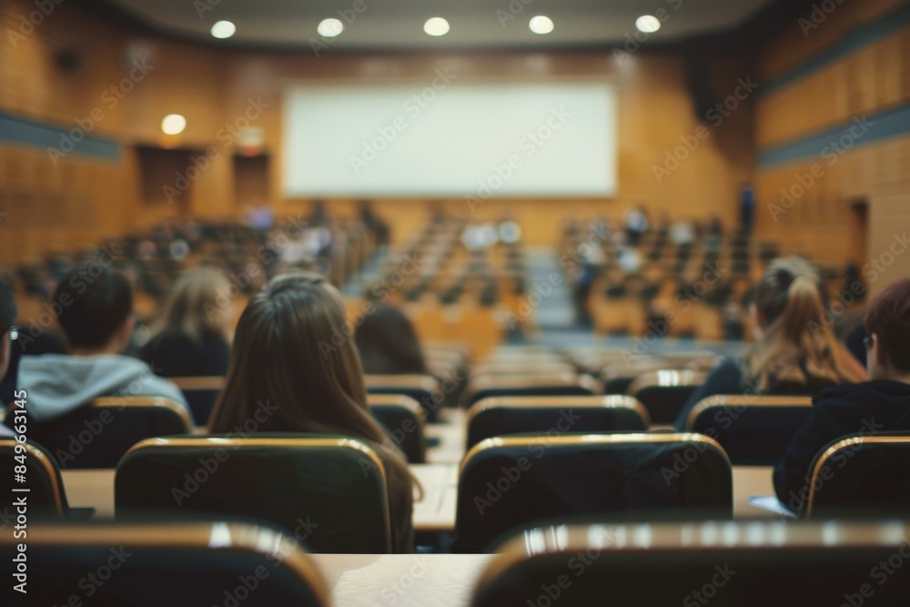 Students attending lecture in large university auditorium with wooden interior and blurred screen in background Students attending lecture in large university auditorium with wooden interior and blurred screen in background