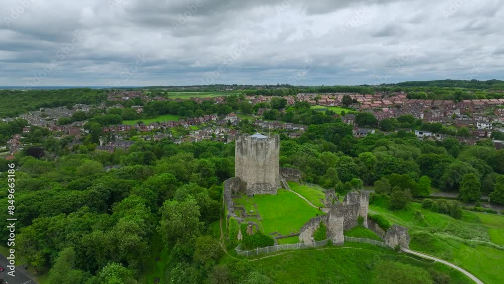 Conisbrough Castle from a drone, Conisbrough, South Yorkshire, England Conisbrough Castle from a drone, Conisbrough, South Yorkshire, England