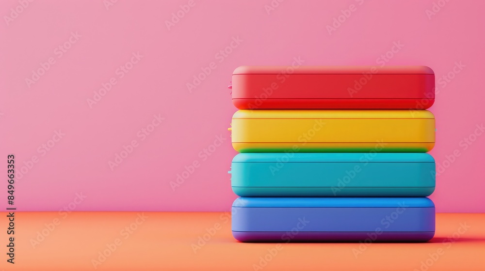Vibrant battery packs stacked together, offering colorful energy solutions, with copyspace. Battery packs Vibrant battery packs stacked together, offering colorful energy solutions, with copyspace. Battery packs
