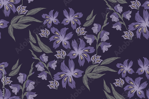 Vintage Floral pattern seamless embroidery dark navy blue background. Ikat ethnic texture indigo gladiolus flower ditsy motif vector illustration vintage design Europe style.