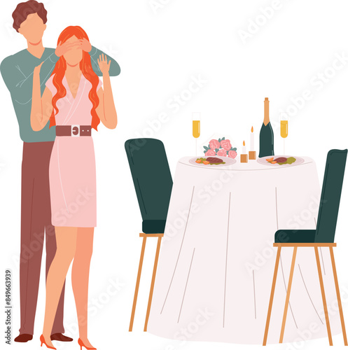 Man surprising woman covering eyes romantic, couple celebrating special occasion restaurant. Man standing woman red hair surprise, table flowers champagne elegant meal. Romance date