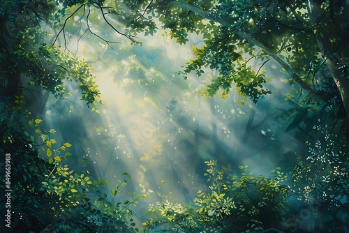 The spirit of a forest at dawn, with light filtering through a canopy of leaves