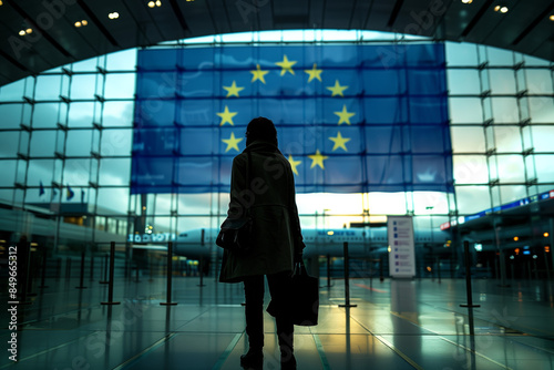 Woman looking at  European Union flag in airport . Immigration to Schengen zone