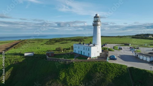 Flamborough Lighthouse from a drone, Flamborough, Yorkshire, England photo