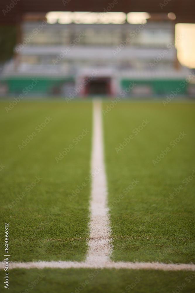 Fototapeta premium A green soccer field featuring white line markings for soccer games and competitions
