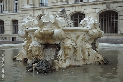 The stark beauty of a drained fountain, its sculptures emerging from the basin