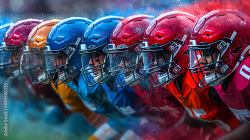 Football Players in Line with Colorful Helmets photo