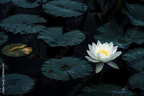 The stark beauty of a single white lotus in a dark pond