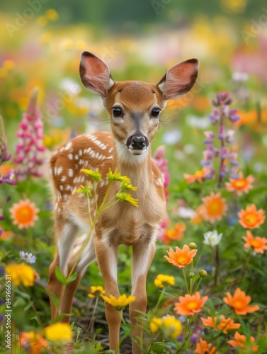 A baby deer amidst a field of colorful wildflowers
