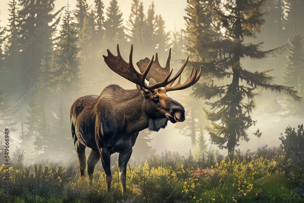 A majestic bull moose stands in a misty forest clearing, surrounded by tall trees and wildflowers at dawn. A majestic bull moose stands in a misty forest clearing, surrounded by tall trees and wildflowers at dawn.