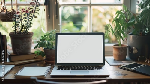 Laptop with blank screen on wooden desk with plants by window