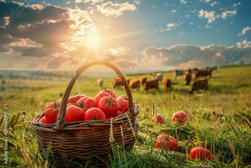 Basket of tomatoes in a field with cows in the background