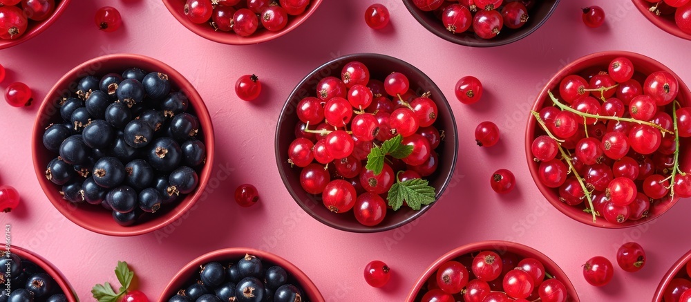 Red and black currants in bowls on pink background Red and black currants in bowls on pink background