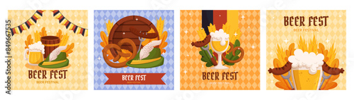 Beer festival square social media post collection template. Design with glass of beer, wheat and leaves, banner ribbon and other festive objects on light rhombus background