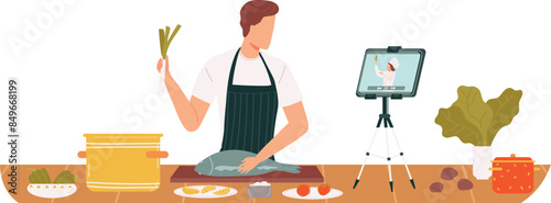 Man cooking fish live streaming tutorial, kitchen scene, online culinary class. Male chef prepares meal while filming viewers, modern cooking show concept. Cook teaches recipe, technology