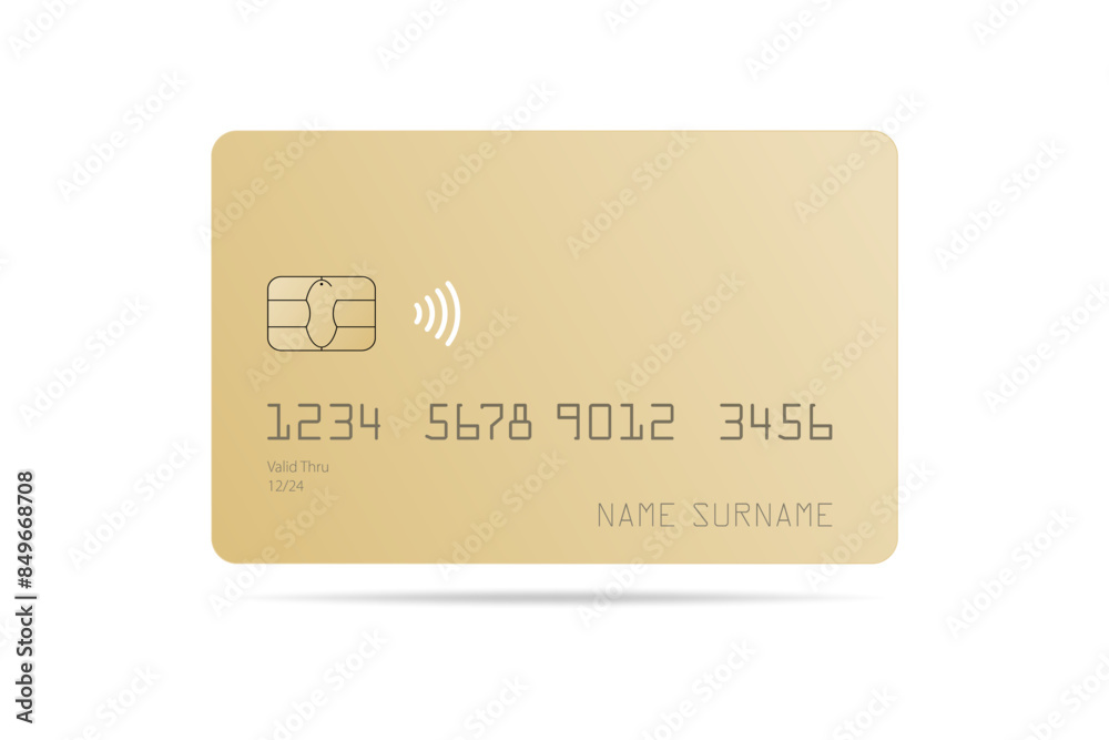 A gold credit card mock up with a shadow isolated on a white background A gold credit card mock up with a shadow isolated on a white background