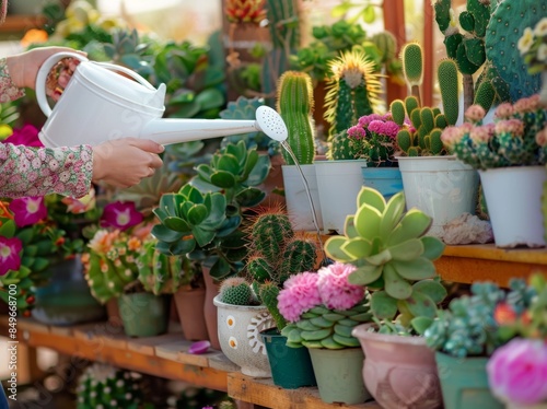 Cactus succulents garden watering cans hobby lifestyle art trees green houseplants home leisure selective focus lady photo