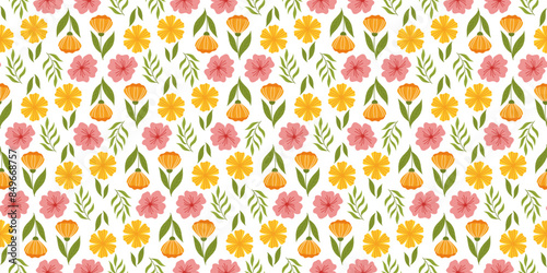 Repeated pattern highlighting floral elements. Botanical-inspired recurring fabric or wallpaper design with orange flower on stem with leaf, yellow flower, cherry blossom, and leaves.