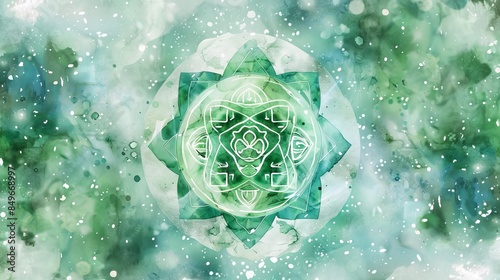 Heart chakra green color logo symbol icon reiki mind spiritual health healing holistic energy lotus mandala watercolor illustration design universe background photo