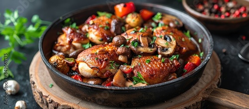 Rustic french chicken stew with mushrooms