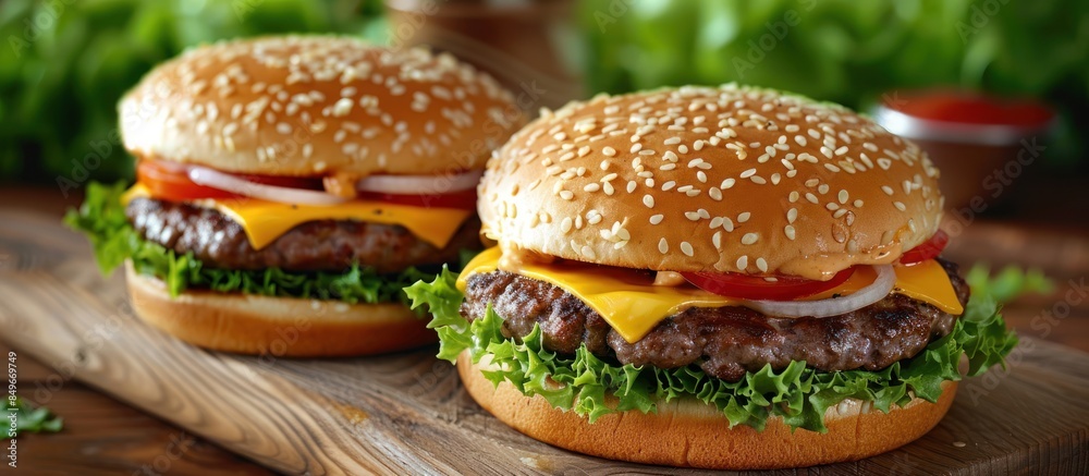 Two cheeseburgers on a wooden cutting board Two cheeseburgers on a wooden cutting board