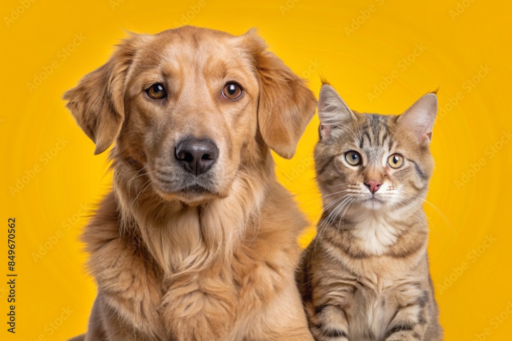 A dog and cat sitting peacefully on a yellow background
