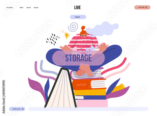 Life Unframed: Book universe -modern flat vector concept illustration of a reader on stack of books. Metaphor of unpredictability, imagination, whimsy, cycle of existence, play, growth and discovery