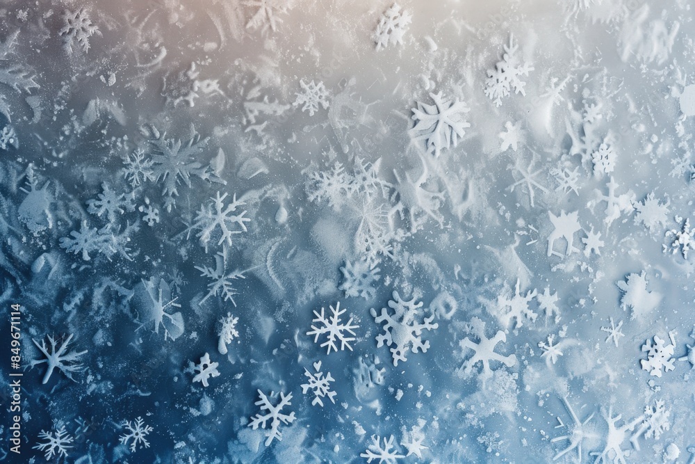 Fototapeta premium Scattering of delicate white snowflakes are laying on a blue and grey surface, creating a beautiful winter background