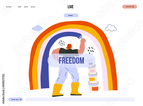 Life Unframed: Rainbow artist -modern flat vector concept illustration of a man drawing a rainbow. Metaphor of unpredictability, imagination, whimsy, cycle of existence, play, growth and discovery