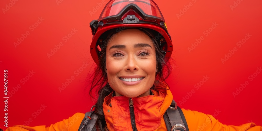 Woman in orange safety gear and helmet smiling against a red background Woman in orange safety gear and helmet smiling against a red background