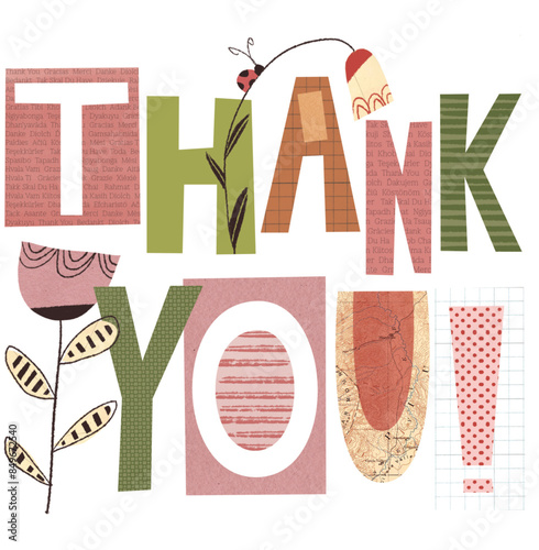 Thank you! Collage lettered thank you note or card. Whimsical typography.