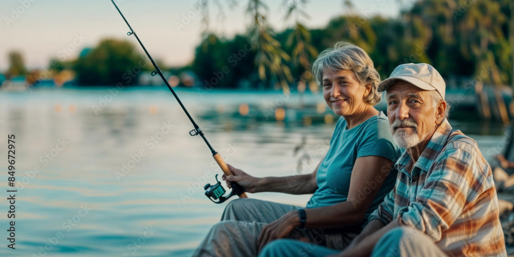Senior couple fishing near lake. Active mature people summer lifestyle. Older man and woman outdoors hobby. Retired old adult couple near water. Senior retirement outside. Happy fisherman on lakeside Senior couple fishing near lake. Active mature people summer lifestyle. Older man and woman outdoors hobby. Retired old adult couple near water. Senior retirement outside. Happy fisherman on lakeside