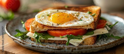 Fried egg breakfast sandwich on a plate