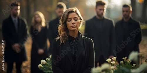 Family gathers to mourn loved one at outdoor funeral in cemetery. Concept Outdoor Funeral, Family Gathering, Mourning Loved One, Cemetery Setting, Emotional Support