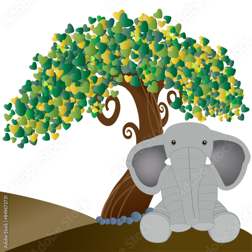 Cartoon elephant resting on a  hill under a tree with leaves shaped like hearts photo