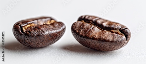 Two coffee beans on white background