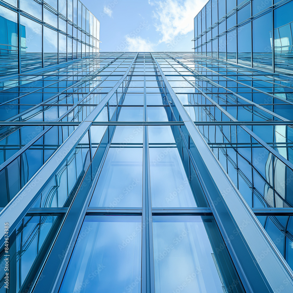 Obraz premium Tall glass skyscraper with blue sky reflection, modern architecture 