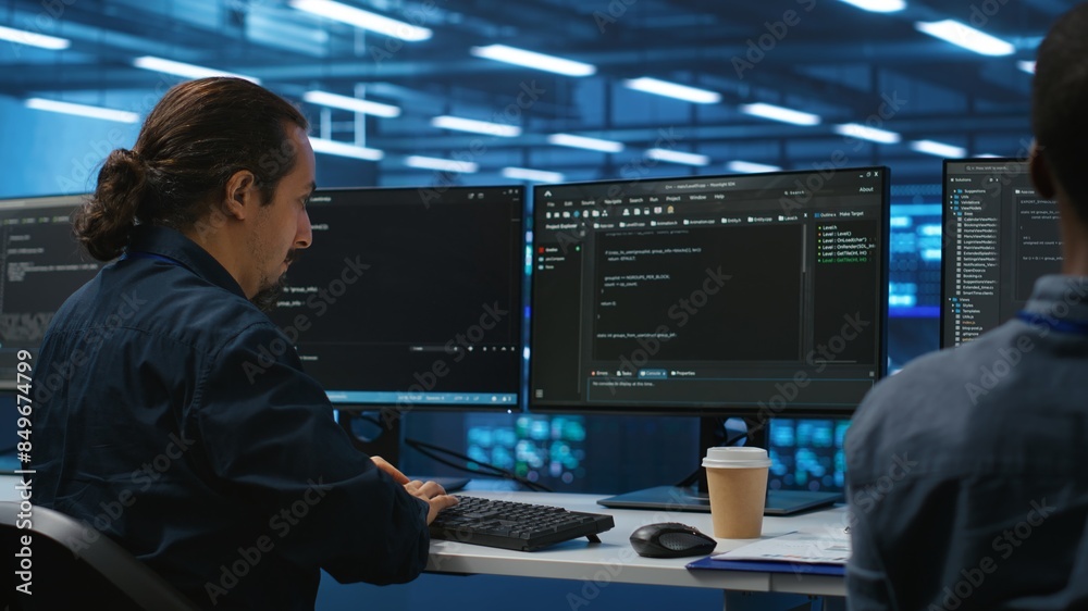 Engineers coding together in high tech server hub, using computers to analyze data, ensuring seamless data flow. Colleagues examining infrastructure in data center, ensuring system integrity and Engineers coding together in high tech server hub, using computers to analyze data, ensuring seamless data flow. Colleagues examining infrastructure in data center, ensuring system integrity and