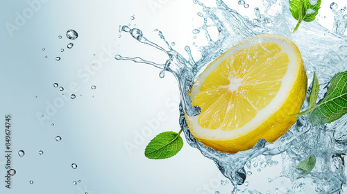 Fresh lemon slice with splashing water and mint leaves on white background

