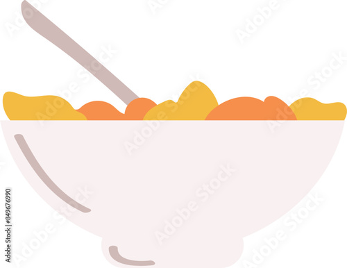 Bowl cereal milk cartoon illustration. Breakfast food vector design flat style. Yellow orange cereal flakes spoon graphic