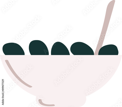 Bowl beige oval shape filled dark stones spoon inside. Minimalist stilllife kitchen table setting elegance simplicity. Modern home decor pastel hues ergonomics aesthetic