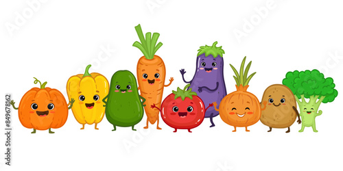 Set of cartoon vegetable characters. Cute broccoli, potato, carrot, tomato, pepper, eggplant, onion, avocado, pumpkin with arms and legs for kids. Food illustration. Menu. Vector